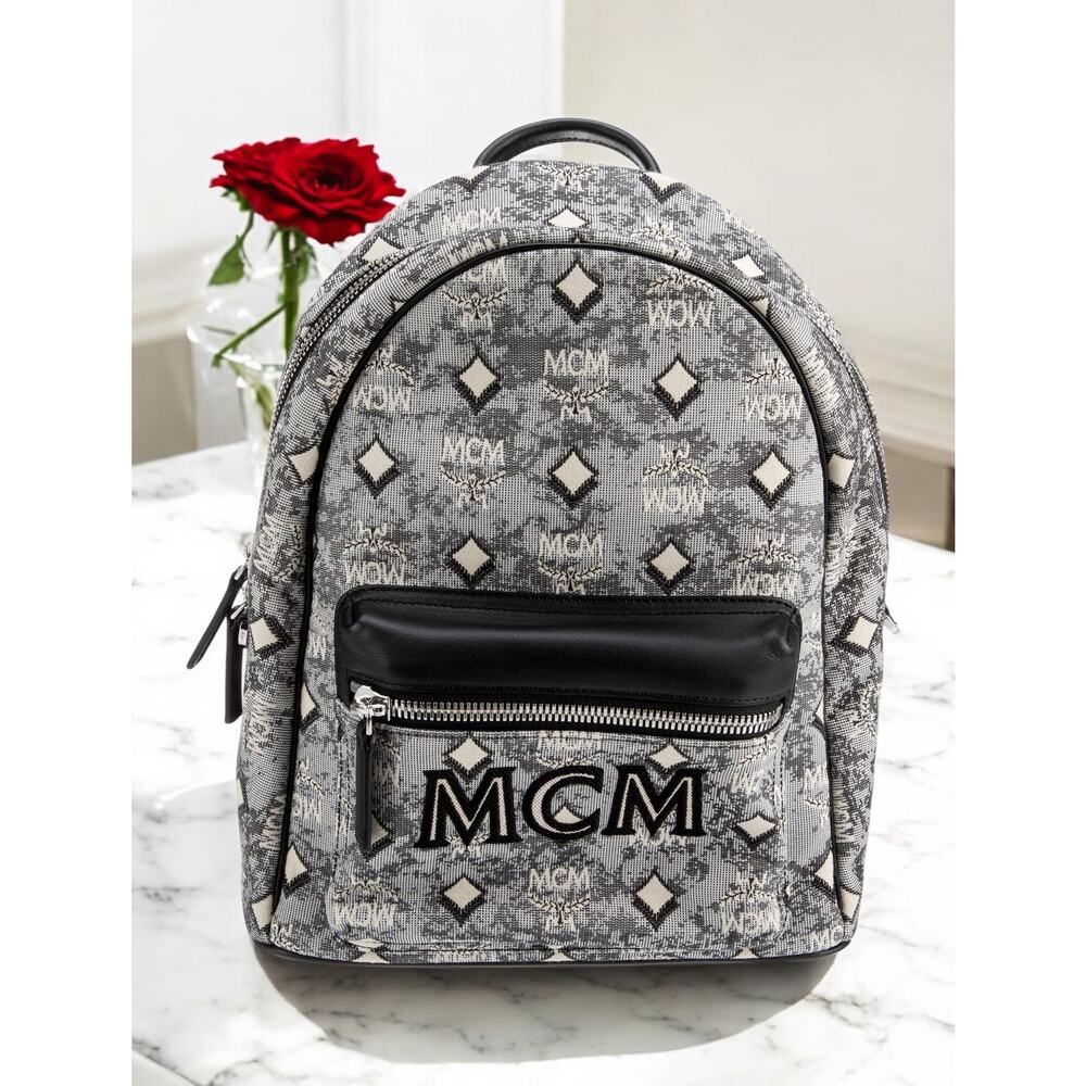 FLASH SALE AUTHENTIC NWT MCM Jacquard Monogram GREY BLK Backpack Mini FIRM PRICE